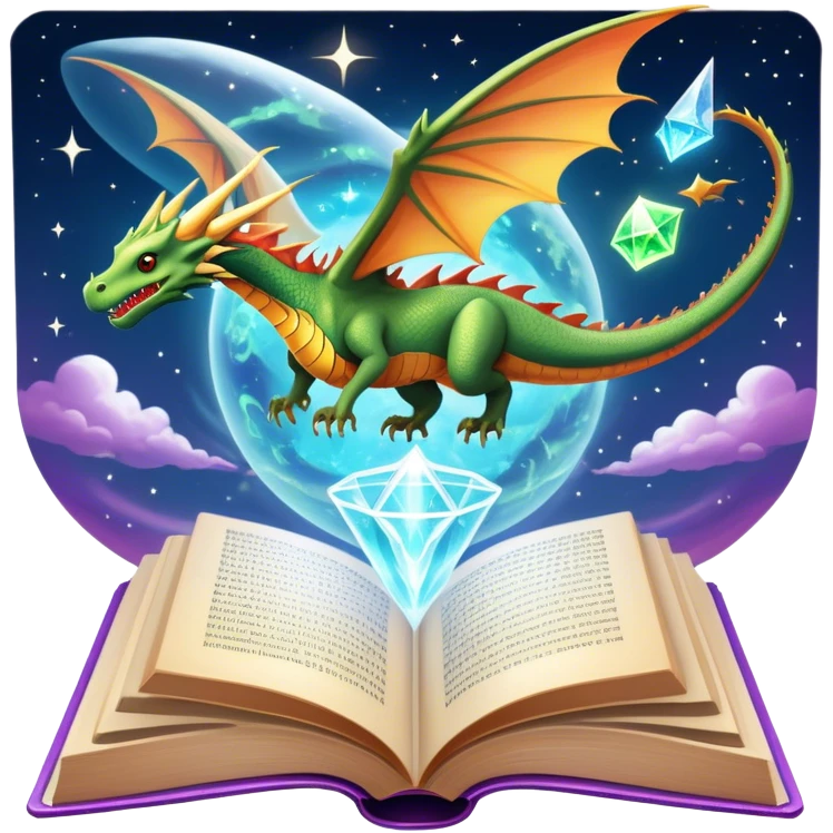 Icon for Fantasy and Sci-Fi Reading: an open book with magical creatures like dragons and fairies flying out, with a futuristic spaceship in the sky and a wizard casting spells. The icon should represent the magic and adventure of fantasy and science fiction worlds. Transparent background. emoji