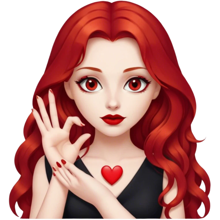 a pretty woman with long red hair and red eyes. The woman wear a black little cutted dress. She have red lipstick and she have a seductive look. She do a heart shape with her fingers emoji