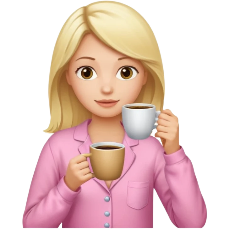 A blonde woman in pink pajamas wakes up to drink coffee. emoji