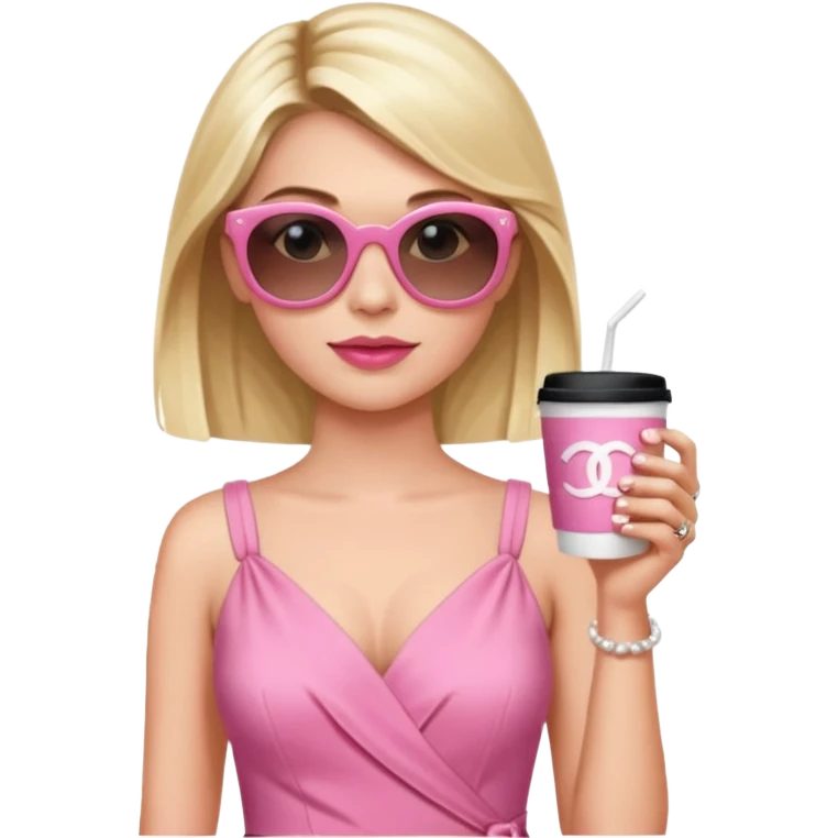Chanel Oberlin, holding a coffee cup, wearing sunglasses, stylish pink dress emoji