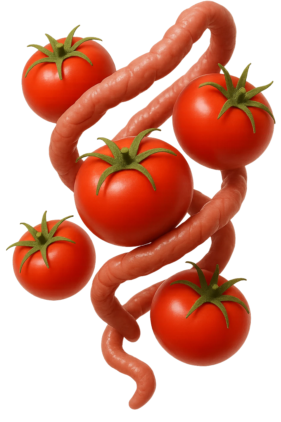 emoji stile iphone di pomodori che fluttuano in aria con colon attorcigliato intorno, iperrealistico 4k, isolato su sfondo bianco emoji