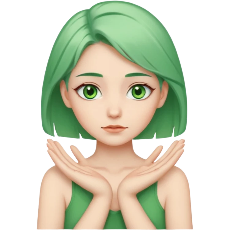 woman with green eyes and green hair putting her pis on her shoulders (pose) emoji