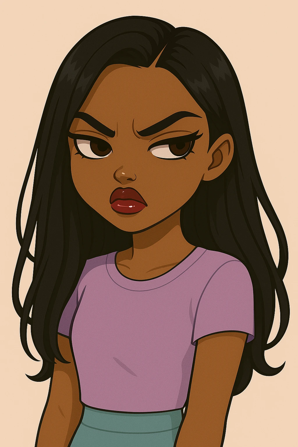 Change the expression to angry with a snooty attitude, keep the side-eye pose, headshot only, 20-year-old anime Bratz style woman with dark skin, straight hair, more casual outfit, big expressive eyes, glossy lips, no hat, no tears, nose turned up. emoji