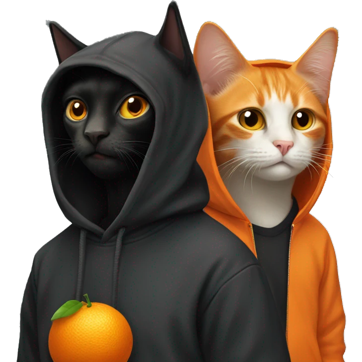 orange cat and a black cat wearing a hoodie emoji