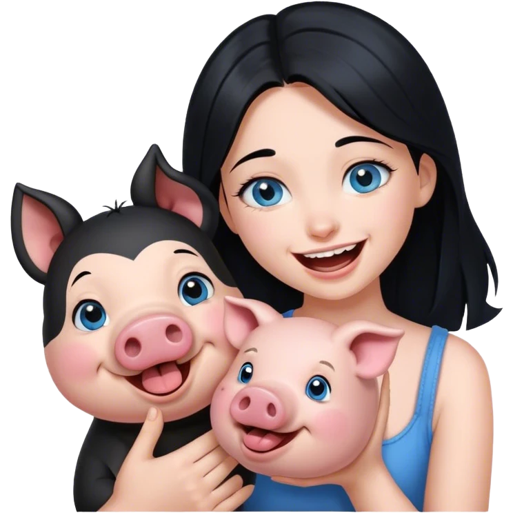  girl with blue eyes and black hair laughing at her pig trying to kiss her  emoji