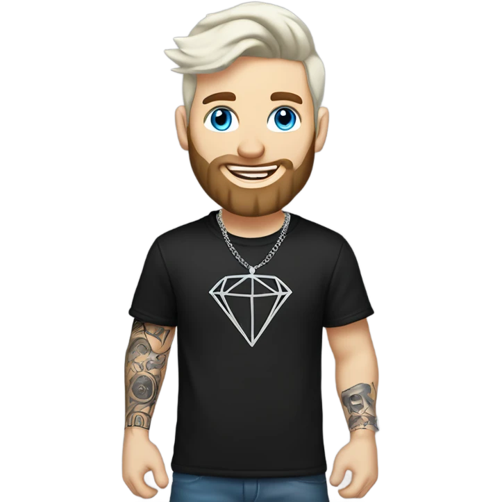 Younger white male that has grey blue eyes, dark brown hair with grey on the sides, a beard, and tattoos. He is wearing a diamond coated white gold necklace and a black punk band t-shirt while waving hello emoji