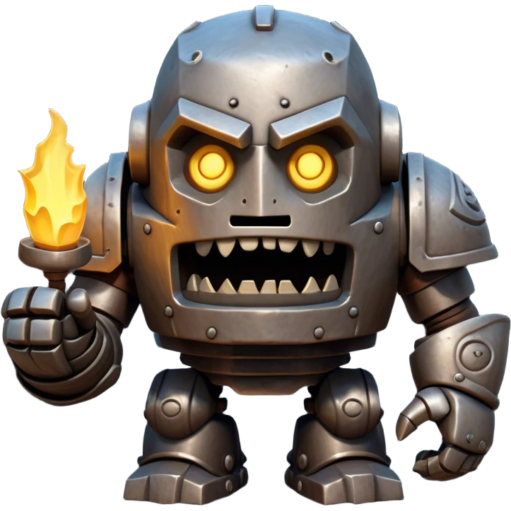 Cinematic Comical Mighty Iron Golem Portrait Emoji Head tilted dramatically with an exaggeratedly amused expression, featuring a bulky, armored form with a slightly lopsided stance, ancient runes flickering erratically, and one massive, jointed hand raised in a slow, deliberate wave. Wide, expressive glowing eyes give it an almost humorous, puzzled look, as if it’s contemplating something far beyond mortal understanding. Rendered with detailed metallic textures and deep, dynamic lighting, high shine, dramatic yet whimsical, styled with a hint of unexpected charm, soft glowing outline, capturing the essence of an endearing yet colossal guardian that looks ready to crack an impossibly slow, earth-shaking joke! emoji