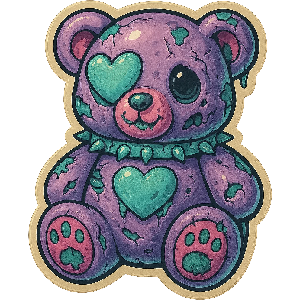 Turn this image into a zombie bear with pastel goth colors, wearing a heart-shaped eye patch, in retro stickers style, with no background. emoji