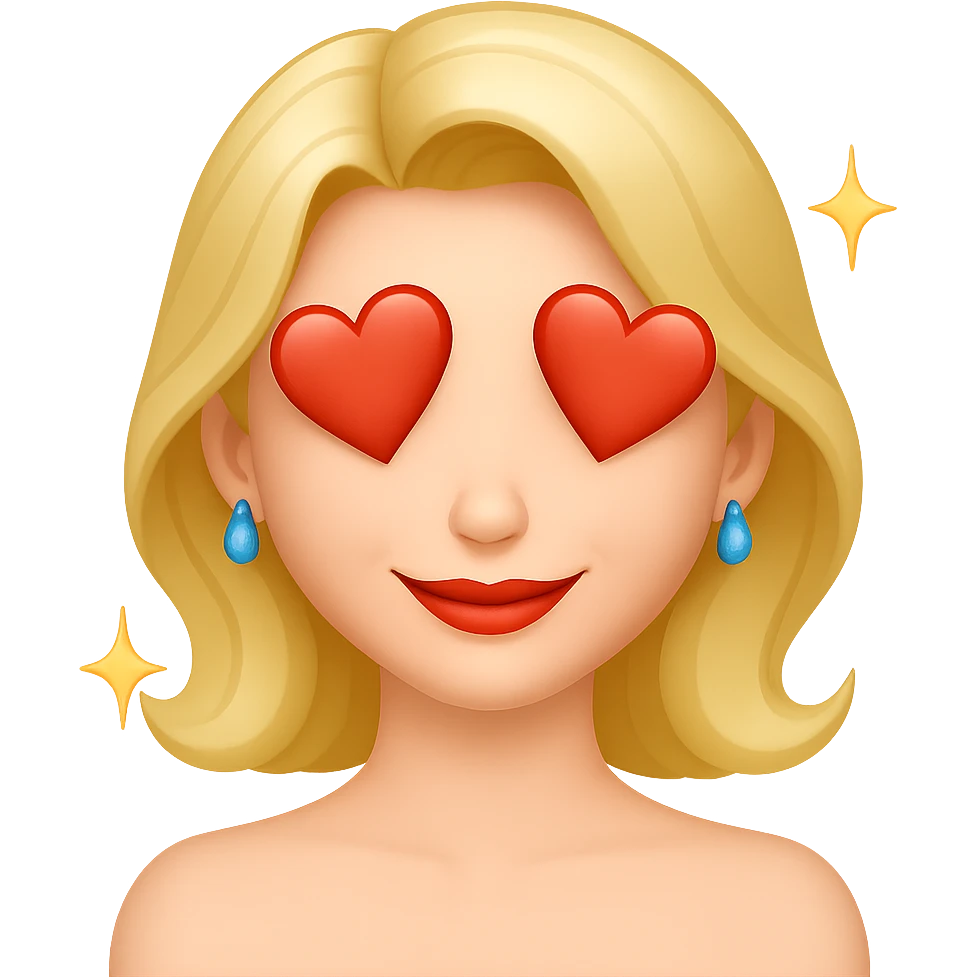 Change the facial expression to falling in love with dreamy eyes and a soft smile. Add hearts or sparkles around the face. Keep the same style as the reference image. Remove the background. emoji