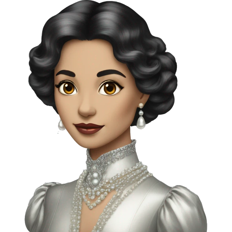 Regal pretty woman photograph defined cheekbones crown vintage with very long iridescent black and silver hair wavy black hair pearl crown iridescent emoji