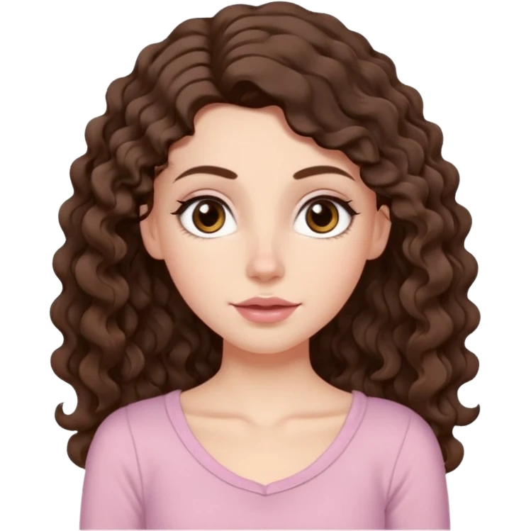 Aesthetic white girl with really long wavy/curly hair color dark brown, hair most be in front of the shoulders (hair in front of the shoulders). Big almond shape eyes color brown, small wide nose, natural lips, sweet expression. Dressed with a cute tight top color light pink. emoji