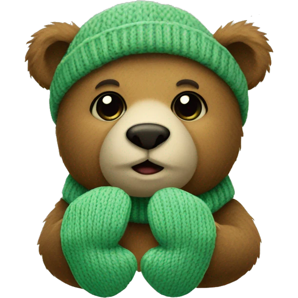 Bear sitting with knitted Sage green mittens emoji
