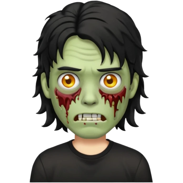 Emoji masculino de zumbi estilo iPhone,com cabelo ondulado mullet e preto, camisa preta e brincos emoji