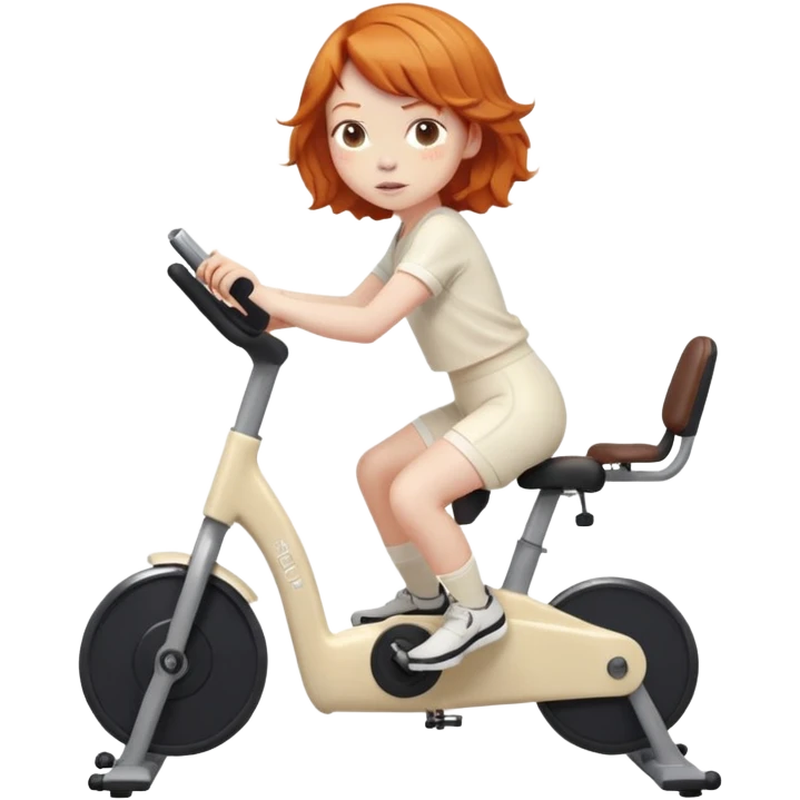 Ginger girl tousled french bob haircut riding stationary bike cream outfit emoji