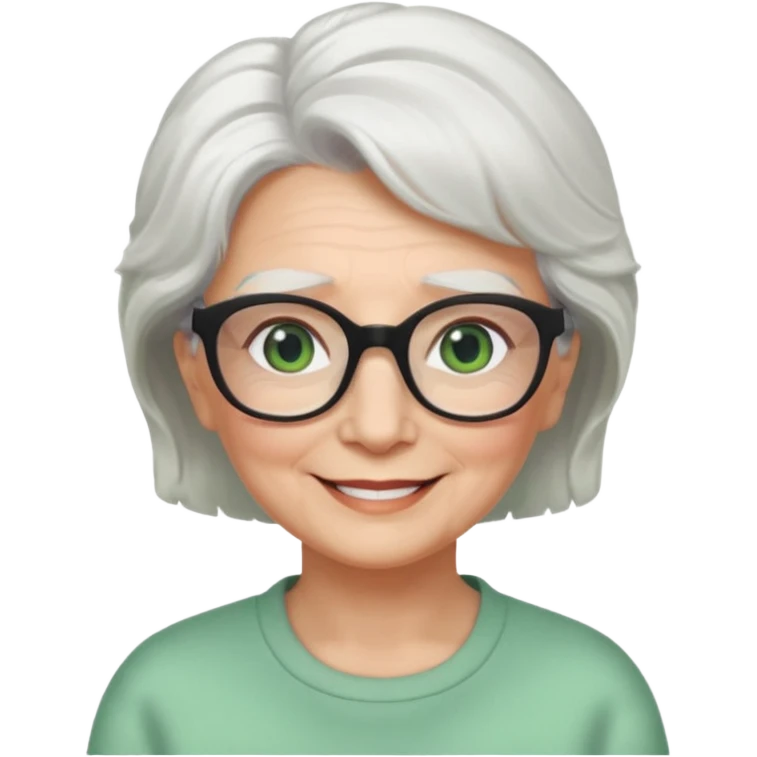 White hair grandma, green eyes, hair to shoulder, lokeg black glasses, rectangles face, smile , emoji