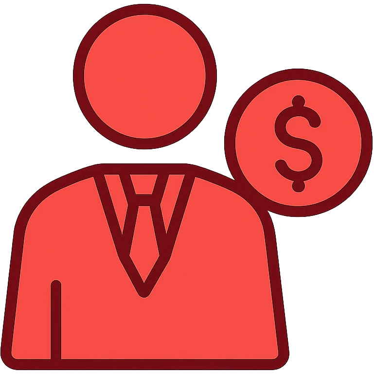 Minimalist red business owner icon with dollar sign. Red line art only, representing wealth and corporate success. CEO symbolic representation. emoji