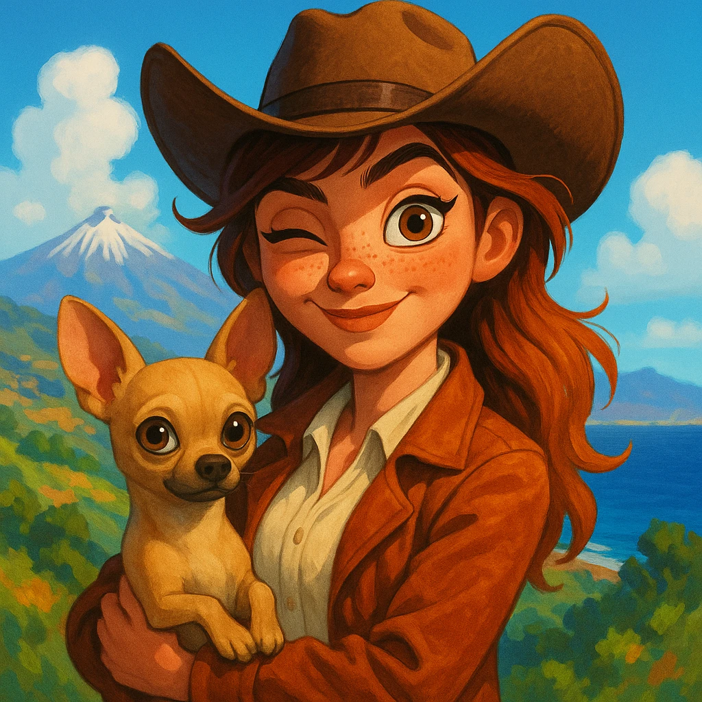 Portrait of a female cowboy with a rebellious and playful expression, wearing a cream shirt and a cognac-colored jacket, freckles, tanned skin, hazel eyes, auburn-highlighted hair, holding a beige-brown chihuahua in her arms, blurred background of Tenerife, Pixar art style, bright illustration, expressive, big eyes, vivid colors emoji