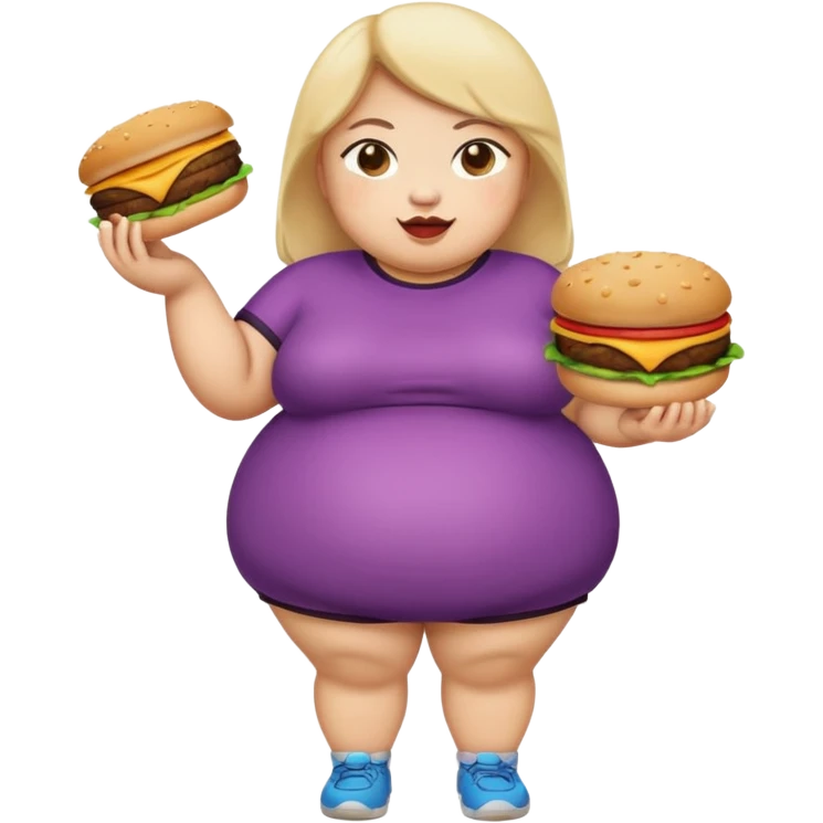 n create a humongous asian girl with 2 burgers and a cookie in her mouth, she is super obese, please make her a full body emoji emoji