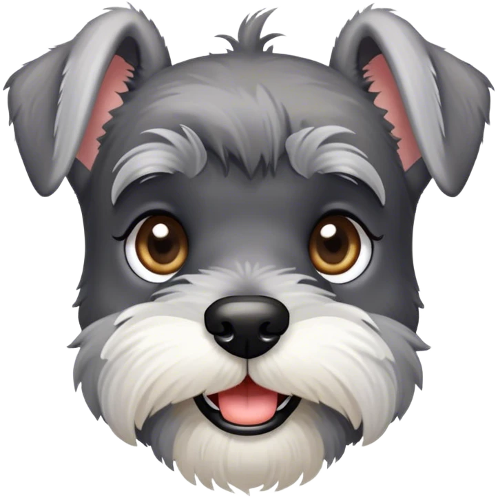 Cinematic Cute Miniature Schnauzer Portrait Emoji, Head cheerfully cocked with expressive, twinkling eyes and a neatly trimmed, adorable salt-and-pepper fur, simplified yet endearingly detailed, glowing with a bright, friendly radiance, high shine, exuding smart and spunky charm, styled with a delicate, whimsical outline, capturing the essence of a cute Miniature Schnauzer that appears ready to scamper off the screen with delightful energy! emoji