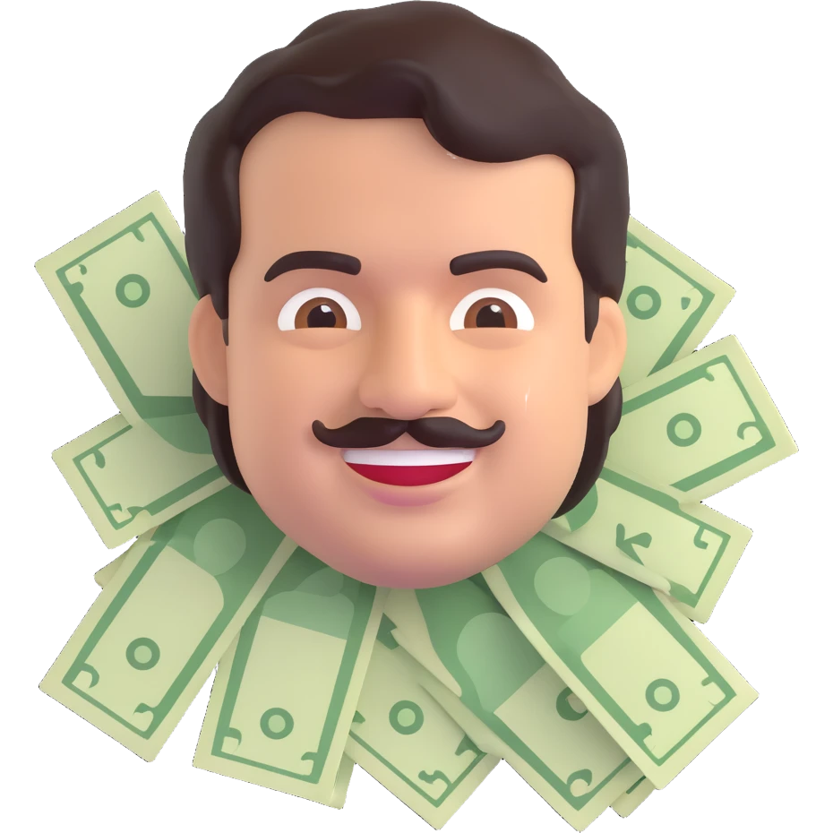 Pablo Escobar emoji smiling with a background of money emoji