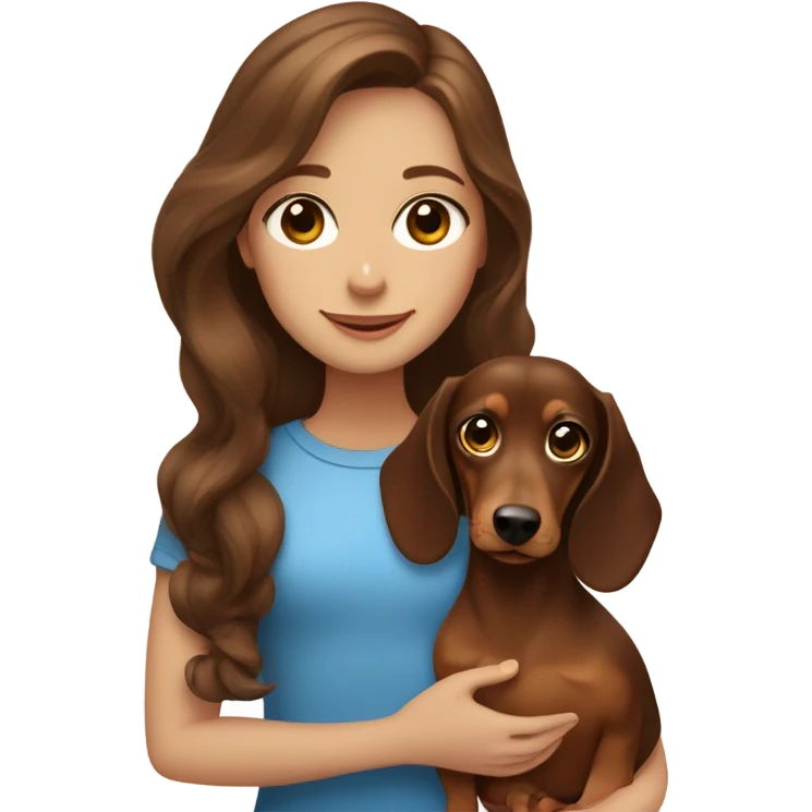 A girl with long wavy brown hair and blue eyes holds a small brown dachshund  emoji