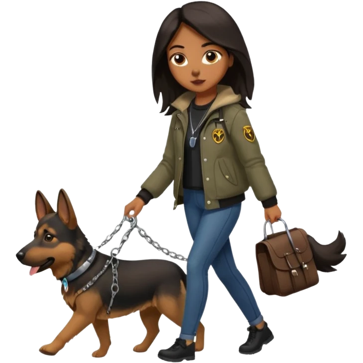 a girl with a brown dark long hair, she's walking her dog is a german shepard emoji