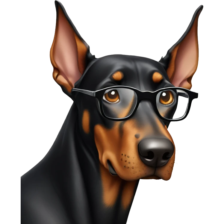 Doberman with glasses shows his paw down to be read below emoji