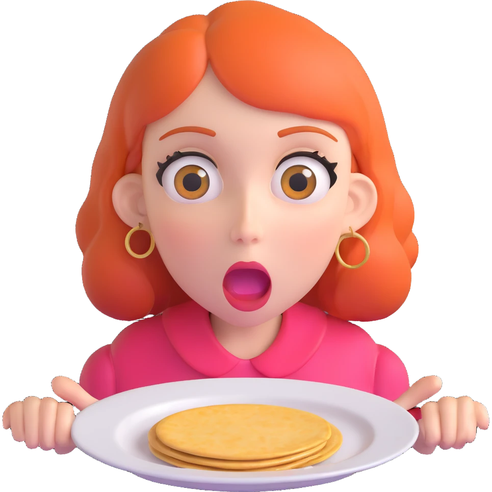 hungry woman with big eyes, open mouth, and empty plate in front of her emoji