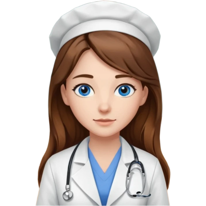 pretty female nursing student with long brown hair, blue eyes inside a classroom at university emoji