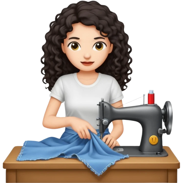 a woman with long curly dark hair sewing clothes wearing a white t shirt emoji