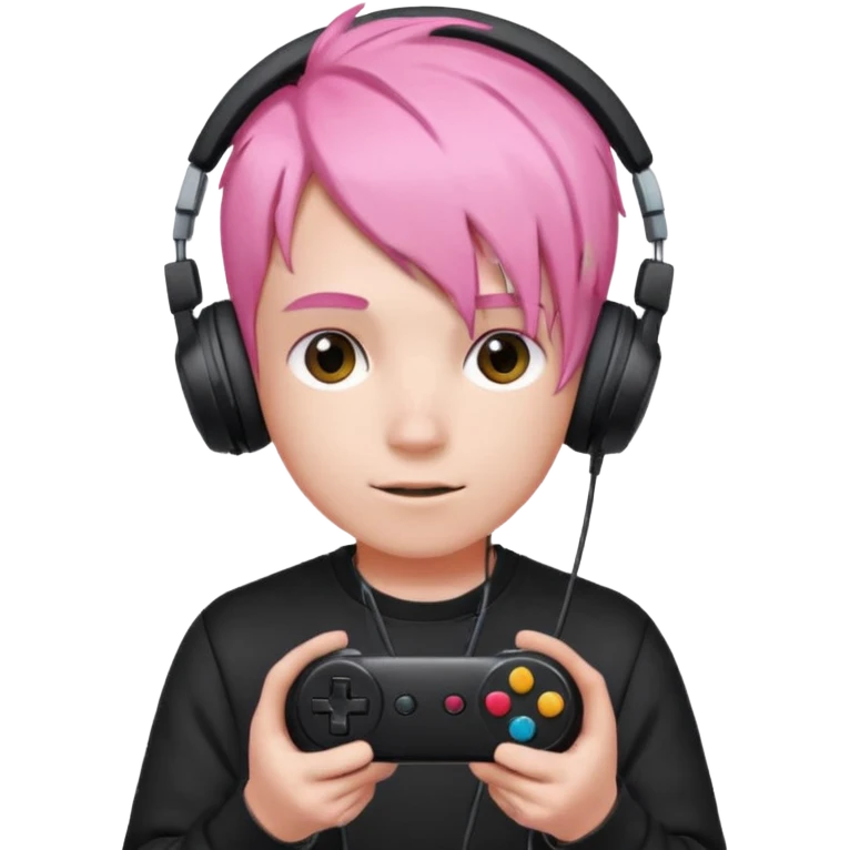 pink haired boy with headphones holding all black game controller emoji