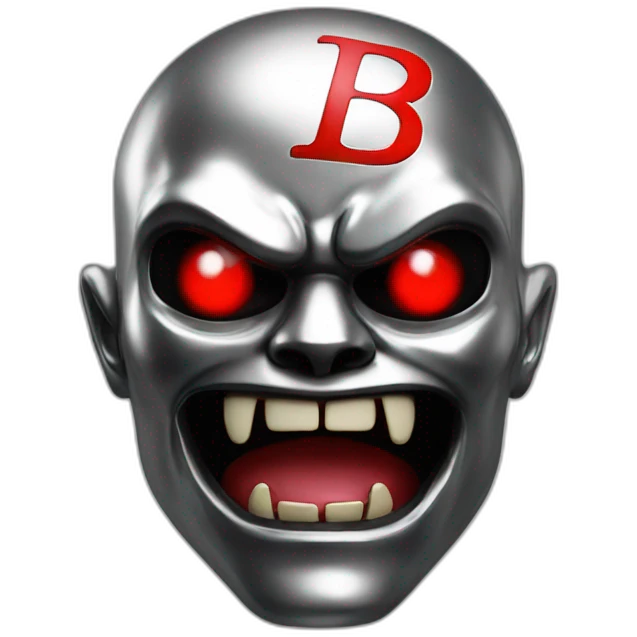 chrome demon with red lazer eyes and letter B on the face, 3d, portrait, black background emoji