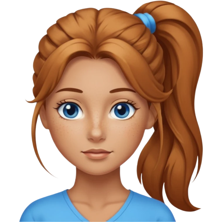 Attractive Woman with tan skin, blue eyes, wide face, freckles, and a long voluminous ponytail  emoji