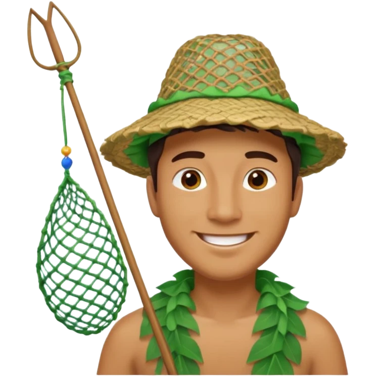 Hawaiian man with leaf hat and big fishing net and colorful cloth emoji