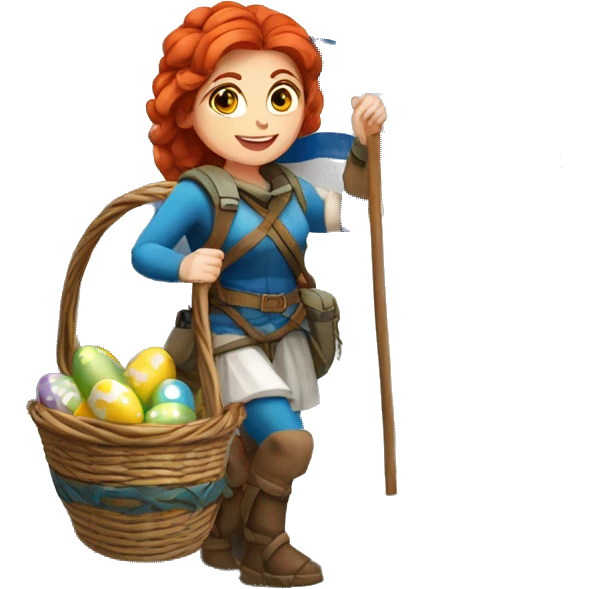 Greek Female winter mountaineer red hair white skin climbing with Greek Flag and Easter eggs basket emoji