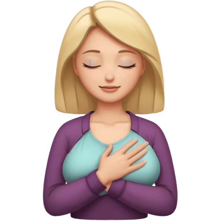 Elini göğsine koyup rahatlayan huzurlu kadın emoji