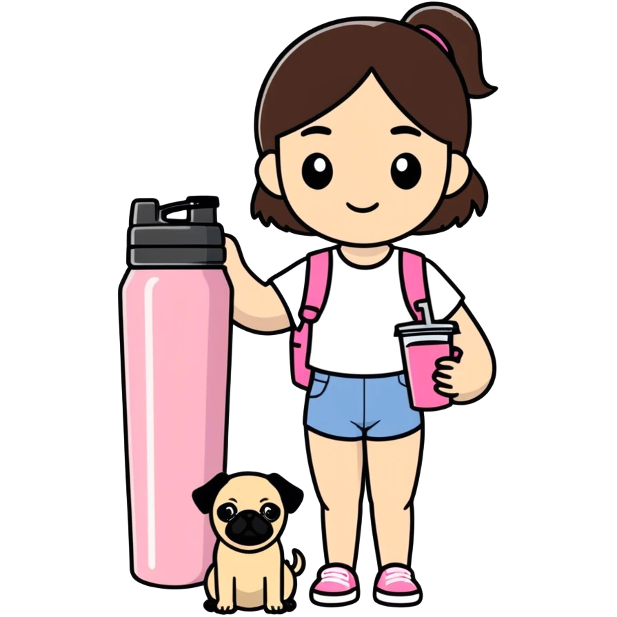 brunette cool girlie with her pink Stanley water tumbler and a cute pug emoji