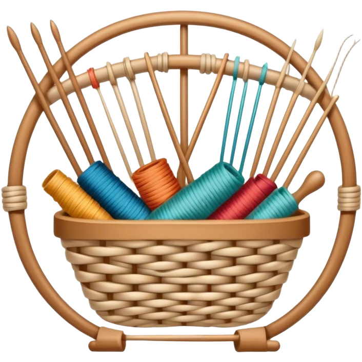 Weaving icon, various types of weaving such as basket weaving, macramé, and loom weaving, showing intertwined threads or ropes, weaving tools like shuttle, crochet hook, and loom, minimalistic style, clean lines, transparent background. emoji