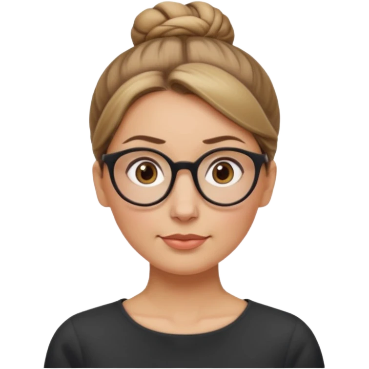 femme de 38 ans avec des cheveux tirés vers l'arrière blond foncé sans mèche devant, un chignon haut, yeux bruns, lunettes rondes, visage ovale emoji