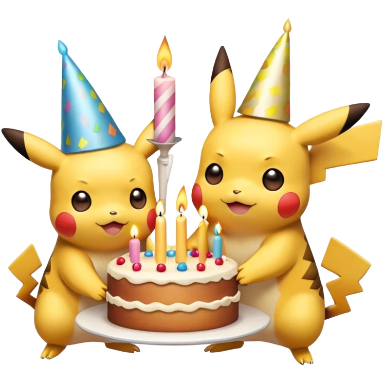 pikachu holding a cake with candles and a party hat on his head emoji