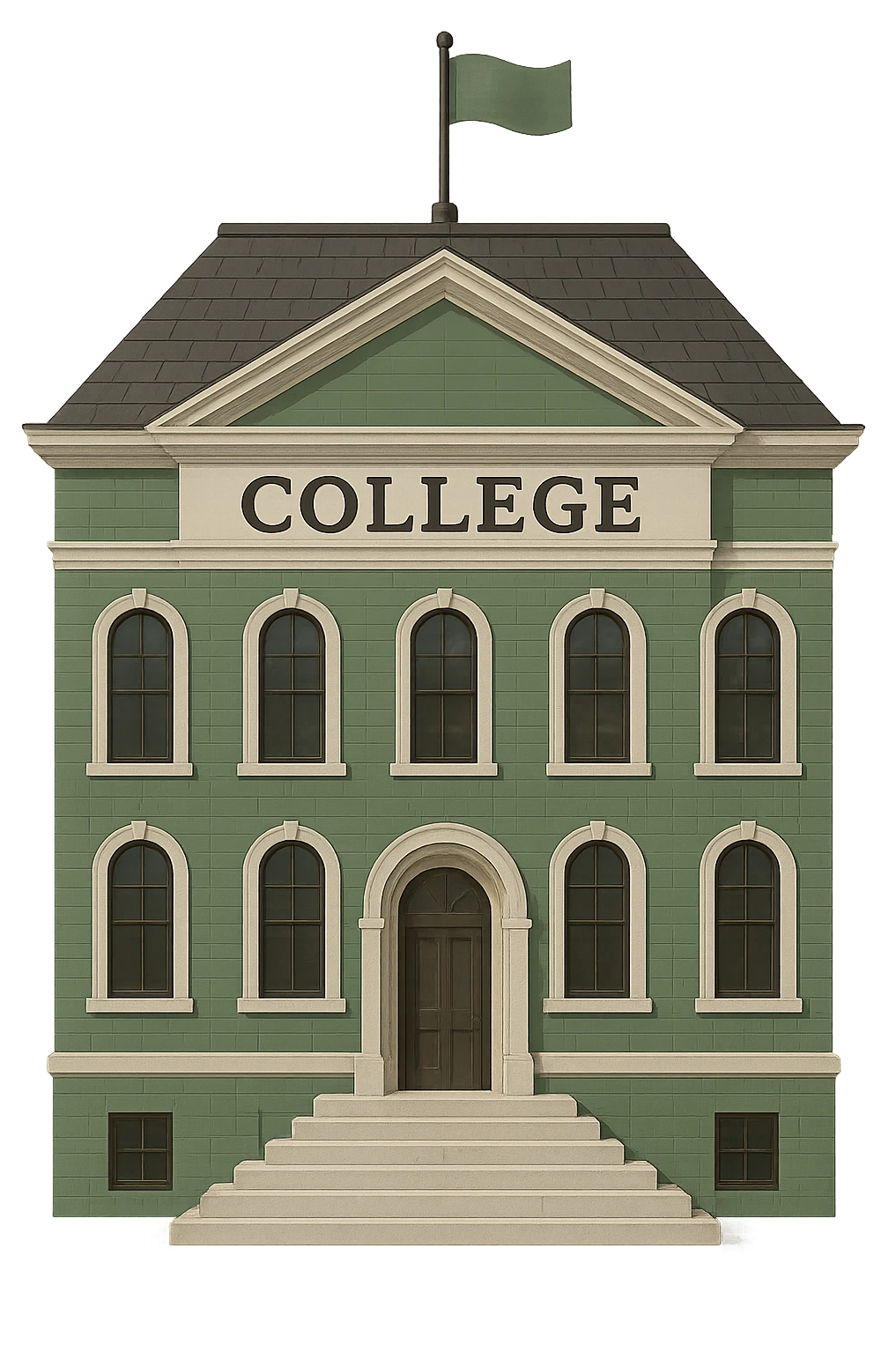 Make the college building less cartoonish, more realistic and professional with a green, gold, and white color scheme. The design should be bold and clear, suitable for digital use, with no background. emoji