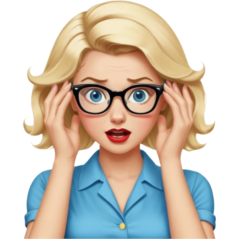Blonde hair, blue eyed, wearing glasses 50's style pinup looking crazy and pulling her hair with her hands emoji