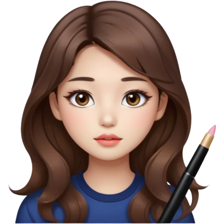 “korean straight brown hair Emoji girl, soft eyeliner and blush, gradient lips, light brown shimmer eyeshadow, long wavy hair,  emoji