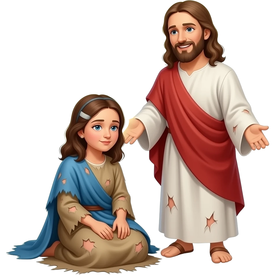 A full bodied old paralyzed woman Who is poor sitting on the ground unable to walk and dress in tattered biblical clothing and Jesus stops to talk to him With a smile on his face emoji