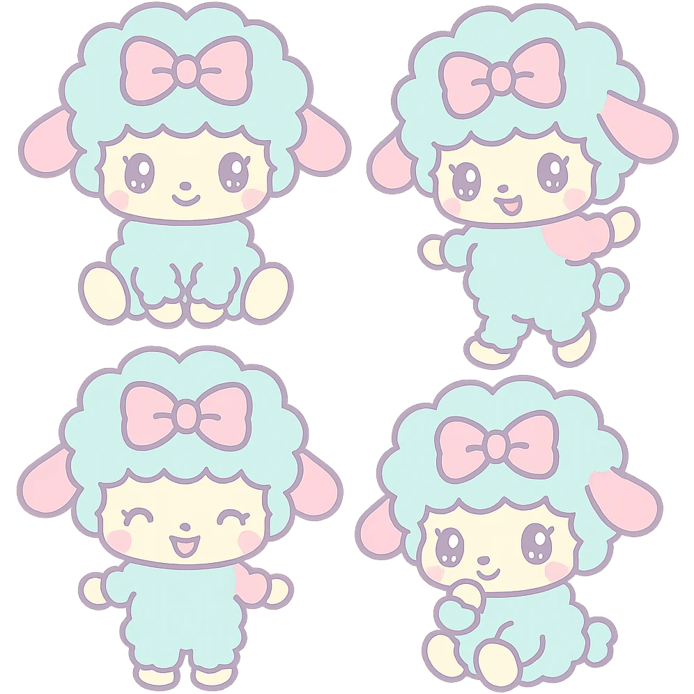 DeeDreamy, a cute blue and pink Sanrio lamb, four different poses, kawaii style, pastel colors, big sparkling eyes, fluffy wool, wearing a bow emoji