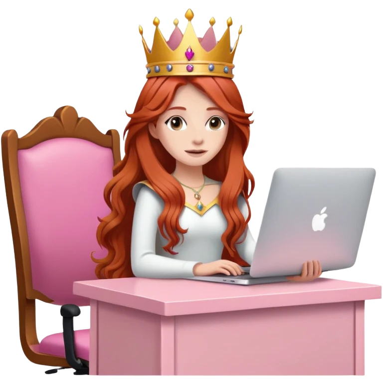 Long haired Redhead with crown on her head sat at the desk with MacBook and pink desk chair  emoji