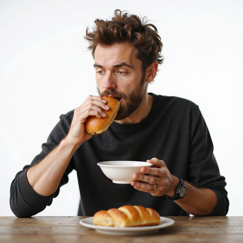 hyperrealistic 4K man isolated on white background having breakfast, eating a brioche, natural pose, realistic details, variant 1 emoji