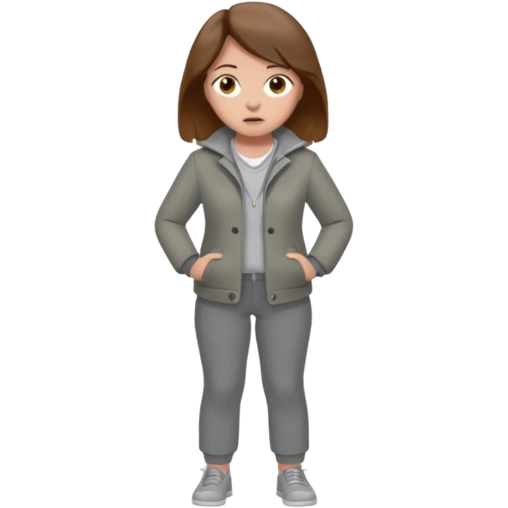 Chica grande  asustada de cuerpo completo con pelo castaño pantalones grises y saco gris  emoji