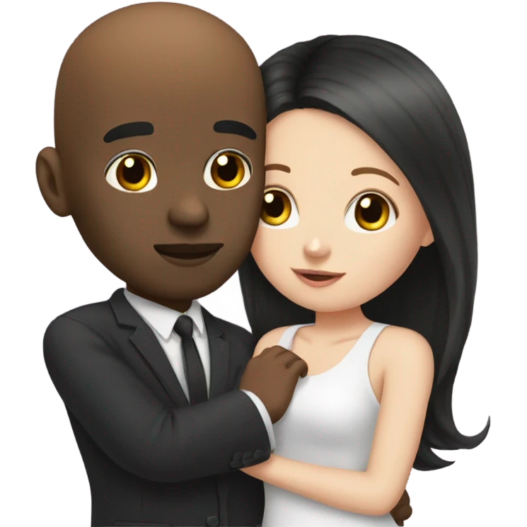 White girl dark hair kissing bald half black man emoji