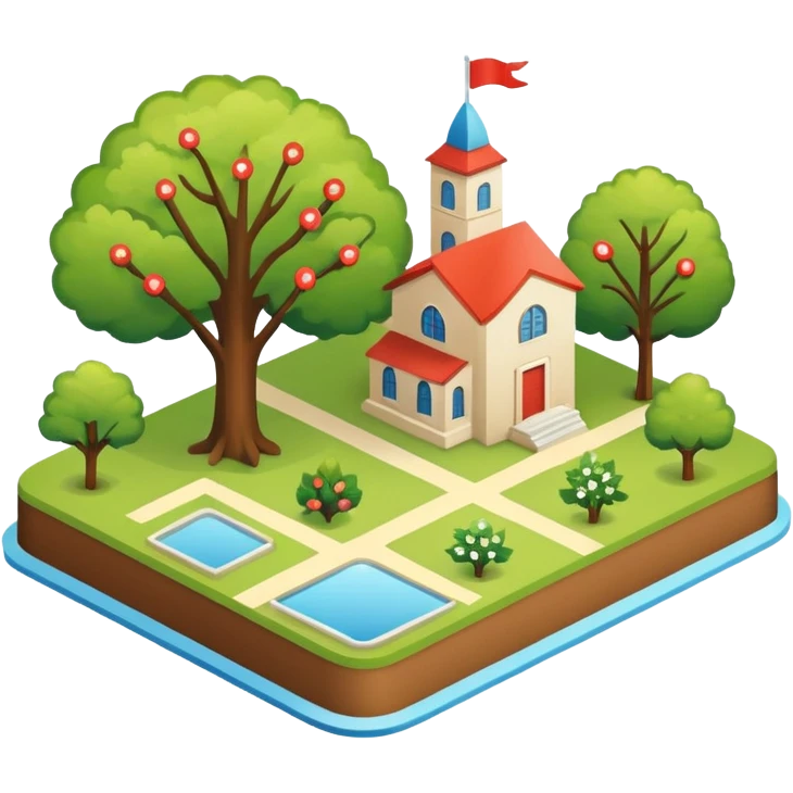 An icon featuring a local map, and regional landmarks, symbolizing local gardening. The design includes a tree, and 1 building, representing the unique geography and culture of a specific area. Transparent background highlights the exploration of local history and environment. emoji